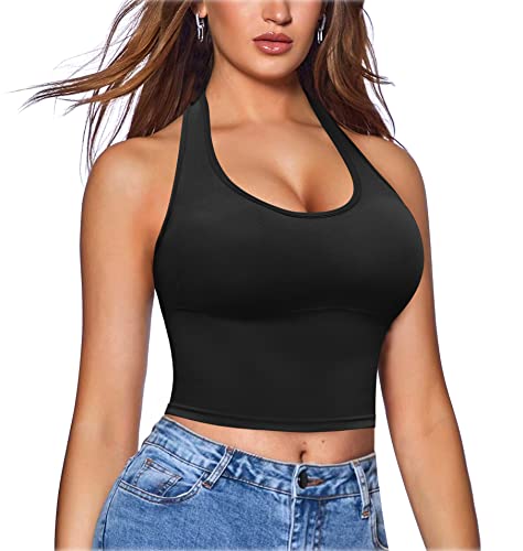 Nebility Rückenfreies Shapewear Neckholder Crop Tops für Frauen Bauchkontrolle Nahtlos Body Shaper Tank Top Going Out Open Back Cami, Schwarz, XS/S von Nebility