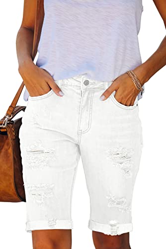 Necooer Damen Casual Denim Hot Shorts für den Sommer Mittelhohe Kurze Hosen Doppelknopf-Jeans mit Taschen(L,09-Weiß) von Necooer