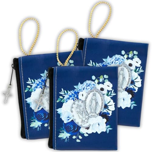 Needzo Floral Miraculous Rosenkranzetui mit Reißverschluss, besticktes Blumendesign, Zubehör für Rosenkränze und religiöse Gegenstände, 8,9 x 7,9 cm von Needzo