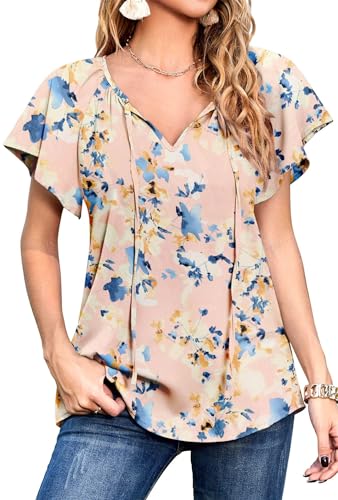 Neineiwu Bluse Damen Kurzarm T-Shirts V-Ausschnitt Blumen Falten Tunika Sommer Oberteile Locker Lässig Shirt Longbluse Damen lässig für Leggings Damen Pullover elegant rüschenbluse,YH Blue/Pink,M von Neineiwu