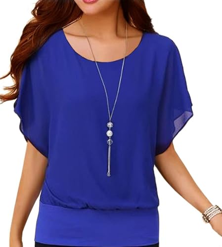 Neineiwu Oberteil Damen elegant Batwing Bluse Shirts Kurzarm Tunika Blumen Rundkragen Bluse blusen Damen elegant festlich damenblusen Fledermaus Shirt Damen Esprit Bluse Damen,Blau,L von Neineiwu