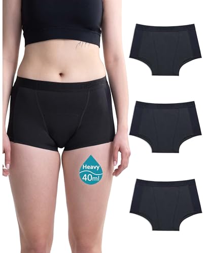 Neione Periodenunterschwäsche Starke Blutung Fasst 4 Tampons Unterhosen Damen Baumwolle Boxershort Perioden Unterwäsche Große Größen 3er Pack Schwarz 3XL von Neione