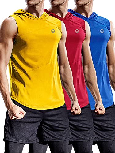 NELEUS Dry Fit Workout Athletic Muscle Tank mit Kapuze, 3er Pack, 5036# 3er-Pack: blau, rot, gelb., X-Groß von Neleus