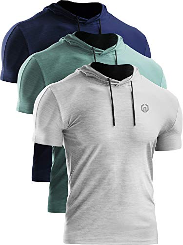 NELEUS Herren Dry Fit Performance Athletic Shirt mit Kapuze, 5063# 3-er Set, marineblau/hellgrün/hellgrau, Mittel von Neleus