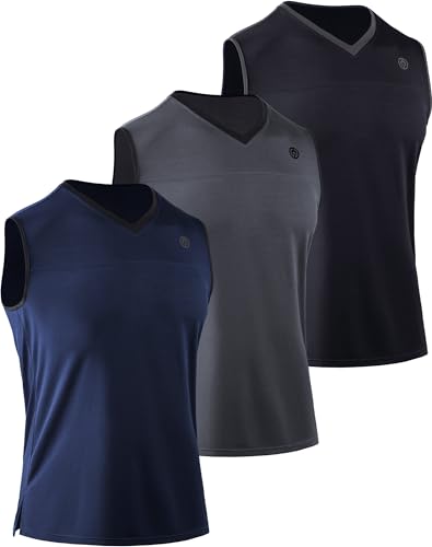 NELEUS Herren Dry Fit Workout Running Muscle Tank Top, V-Ausschnitt: Schwarz/Grau/Marineblau, 3er-Pack, Mittel von Neleus