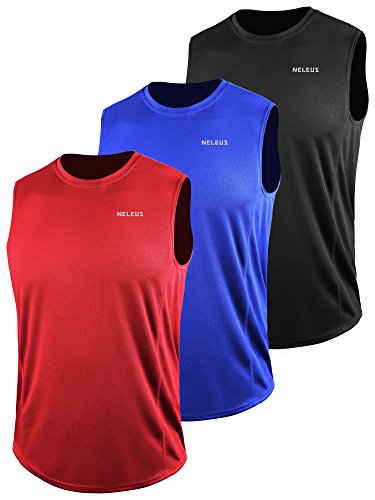 Neleus Herren-Muskelshirt, ärmelloses Top, Dri-Fit-Stoff, Y-förmiger Rücken, 3er-Pack - Blau - X-Groß von Neleus