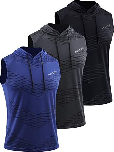 Neleus Herren Workout Tank Tops 3er Pack ärmellose Laufshirts mit Hoodie - Blau - Mittel von Neleus