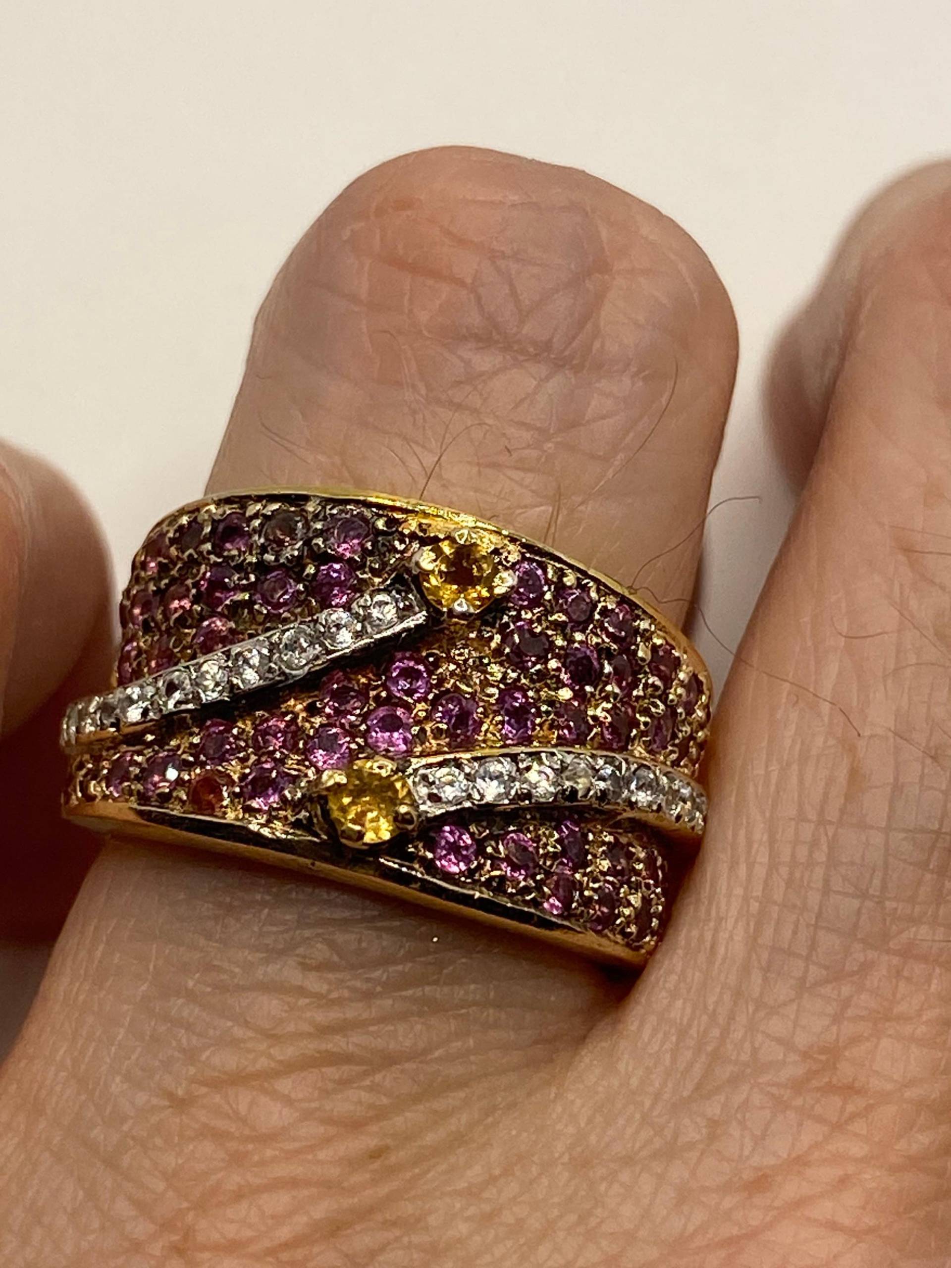 Vintage Handgemachter Pink Toumaline Und Weißer Saphir Goldener 925 Sterling Silber Gothic Ring von NemesisJewelryNYC