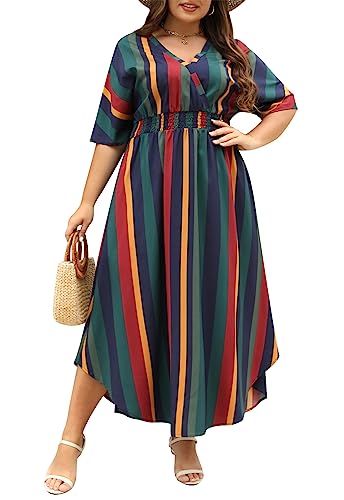 Nemidor Damen Maxikleid NEM403, lässig, Übergröße, Boho-Druck, V-Ausschnitt, ausgestelltes Maxikleid mit Tasche, Grün gestreift, 56 Mehr von Nemidor