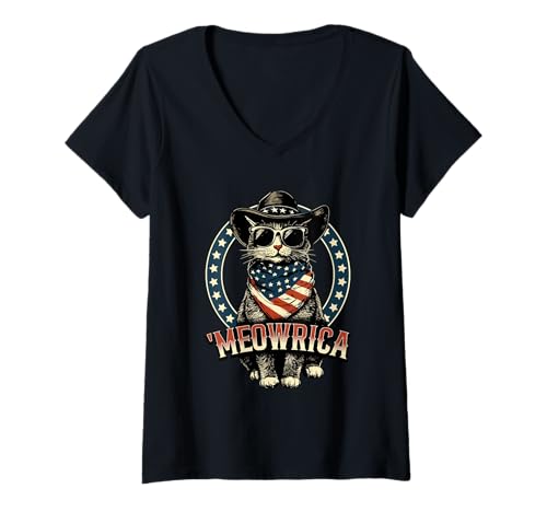 Damen USA 'Meowrica Cat 4th of Juli Men Women Kids Funny Patriotic T-Shirt mit V-Ausschnitt Damen USA 'Meowrica Cat 4th of Juli Men Women Kids Funny Patriotic T-Shirt mit V-Ausschnitt von Nerrrdy