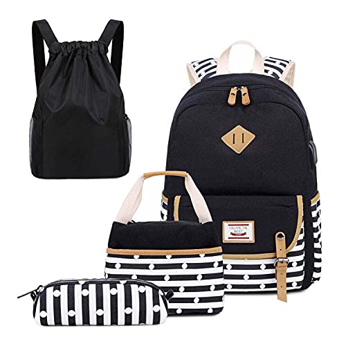 Neuleben 4 Set Schulrucksack & Kühltasche & Turnbeutel & Federmäppchen für Jungen Mädchen mit Laptopfach (Schwarz) von Neuleben