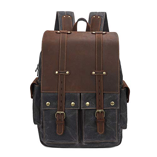 Neuleben Vintage Rucksack Leder Canvas Herren Damen Wanderrucksack Daypack 15 Zoll Laptopfach für Freizeit Arbeit Reise Outdoor Universität (Dunkelgrau) von Neuleben