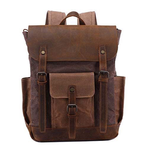 Neuleben Vintage Rucksack Wanderrucksack aus Canvas Leder Rucksäcke Schulrucksack Herren Groß Outdoorrucksack mit 14 Zoll Laptopfach (Braun) von Neuleben