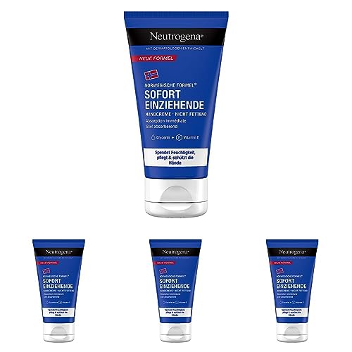 Neutrogena Sofort einziehende Handcreme (75ml), leichte & nicht fettende Feuchtigkeitscreme mit Glycerin + Vitamin E bei trockenen, rissigen Händen (Packung mit 4) von Neutrogena