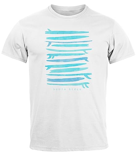 Neverless® Herren T-Shirt Surfboards South Beach California USA Sommer Surfing Motiv Fashion Streetstyle Weiss-türkis 4XL von Neverless