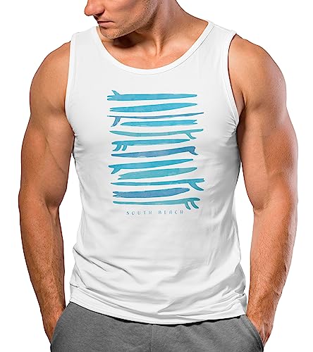 Neverless® Herren Tank-Top Surfboards South Beach California USA Sommer Surfing Motiv Fashion Muskelshirt Weiss-türkis 3XL von Neverless