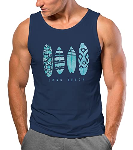 Neverless® Herren Tank-Top Surfing Fashion Aufdruck Long Beach Surfboard Sommer Strand Streetstyle Muskelshirt Navy-türkis 3XL von Neverless