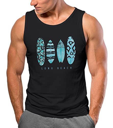 Neverless® Herren Tank-Top Surfing Fashion Aufdruck Long Beach Surfboard Sommer Strand Streetstyle Muskelshirt schwarz-türkis L von Neverless