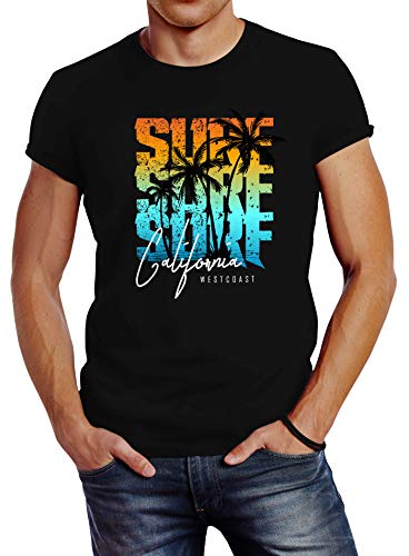 Neverless Herren T-Shirt Sommer Surf California Palmen Slim Fit schwarz-türkis XL von Neverless