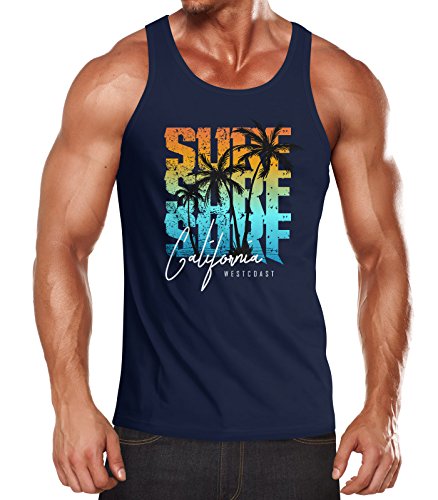 Neverless Herren Tank-Top Sommer Surf California Palmen Muskelshirt Muscle Shirt Navy-türkis L von Neverless