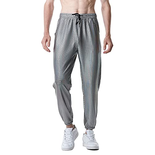 NewL Herren-Jogginghose, glänzend, silberfarben, metallisch, Hip-Hop-Hose, Nachtclub, Party, Festival, Abschlussball, Streetwear, silber, 27-32 von NewL