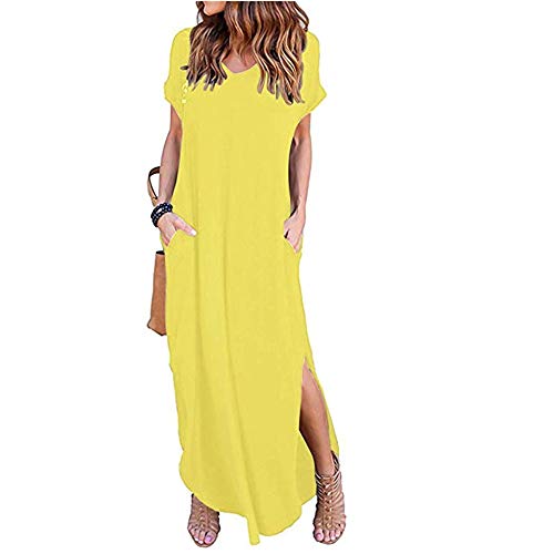 Newbestyle Damen Kleid Maxikleider Damen Freizeitkleider Sommerkleid Lang Damen Kurzarm Kleider mit Taschen (Gelb, L) von Newbestyle