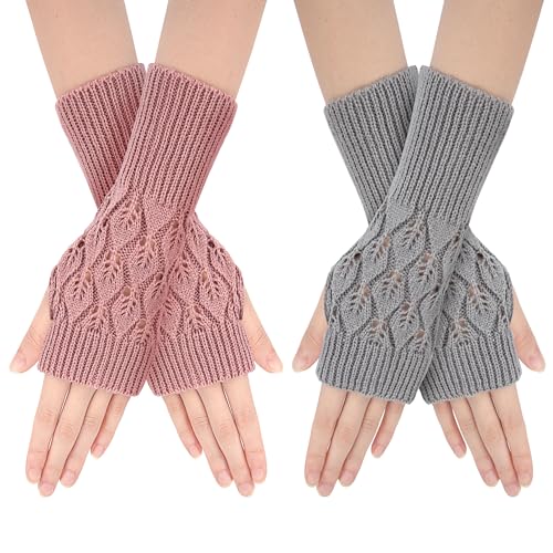 Fingerlose Handschuhe Winter Warme Halb Fingerhandschuhe mit Daumenloch Winterhandschuhe Wärmer Strick Kurzer Gestrickte Fingerlose für Damen Mädchen 2 Paar (Hellgrau & Dunkelpink) von Newellsail