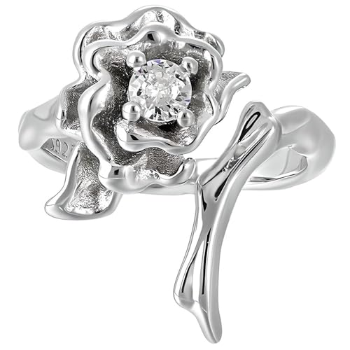 NicoWerk Damen Silberring Rose aus 925 Sterling Silber Blume Glänzend mit Stein Filigran Verspielt Glatt Verstellbar Offen SRI997 NicoWerk Damen Silberring Rose aus 925 Sterling Silber Blume Glänzend mit Stein Filigran Verspielt Glatt Verstellbar Offen SRI997 von NicoWerk