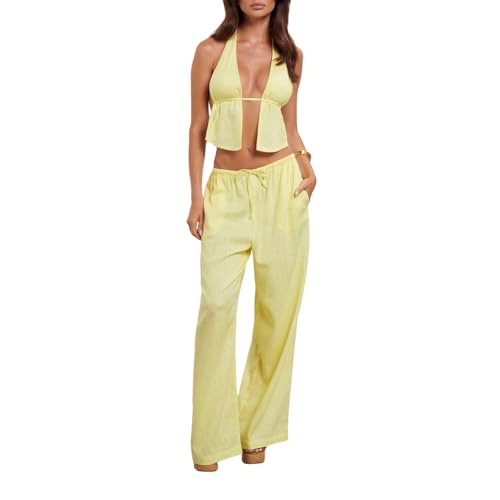 Nicoxijia 2-teiliges Outfit für Damen, Sommer, rückenfrei, mit Neckholder, bauchfreies Top und Kordelzug mit weitem Bein, passende Sets, gelb, 36 Nicoxijia 2-teiliges Outfit für Damen, Sommer, rückenfrei, mit Neckholder, bauchfreies Top und Kordelzug mit weitem Bein, passende Sets, gelb, 36 von Nicoxijia