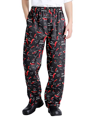 Herren und Damen Baggy Bedruckte Koch Hosen Küchenuniformen mit elastischer Taille Floral Restaurant Arbeitshose Gr. 41-44.5, chili von Nideen