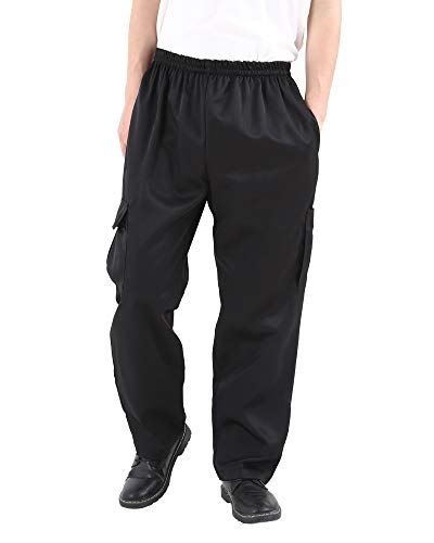 Herren und Damen Schwarz Baggy Koch Hosen Floral Restaurant Arbeitshose und Küche Uniform lose Cargo Stil Chef Hose Gr. 34-37, Schwarze Taschen von Nideen