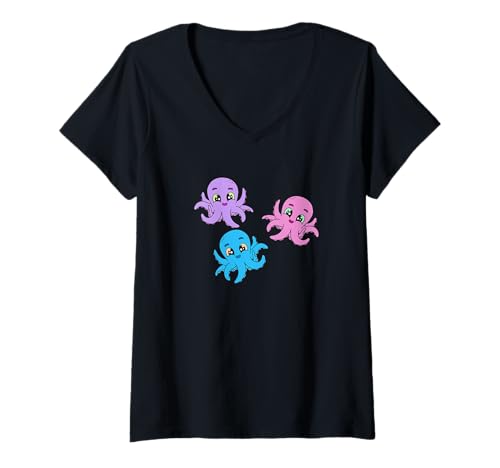 Damen Krake Retro Kinder Kind Mädchen Jungen Meerestiere Kraken T-Shirt mit V-Ausschnitt Damen Krake Retro Kinder Kind Mädchen Jungen Meerestiere Kraken T-Shirt mit V-Ausschnitt von Niedliche Tiere für Kinder