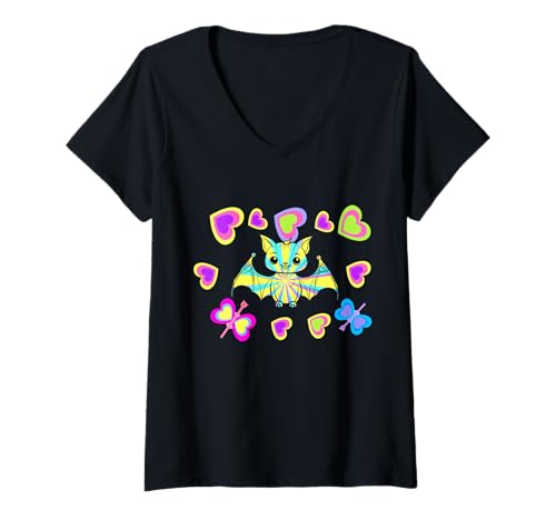 Damen Retro Junge Fledermaus Fledermäuse 60er Kinder Frau Mädchen T-Shirt mit V-Ausschnitt Damen Retro Junge Fledermaus Fledermäuse 60er Kinder Frau Mädchen T-Shirt mit V-Ausschnitt von Niedliche Tiere für Kinder