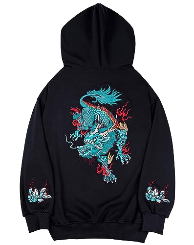 Niepce Inc Streetwear Herren Dragon Embroidered Heavyweight Graphic Hoodies, Schwarz-Blau-Kirin, Large von Niepce Inc