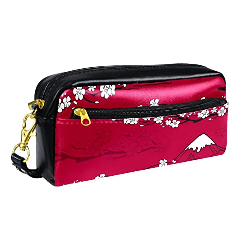 Kleine Make-up-Tasche für Damen,Leder-Bleistifttasche,Kosmetiktasche,Berg Fuji und Kirschblüten in Japan,Make-up-Tasche, Stifttasche von NigelMu