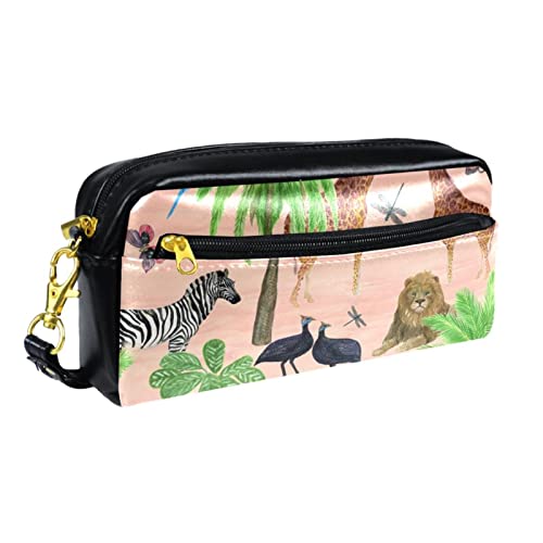 Kleine Make-up-Tasche für Damen,Leder-Bleistifttasche,Kosmetiktasche,Löwe und Giraffe und Zebra,Make-up-Tasche, Stifttasche von NigelMu