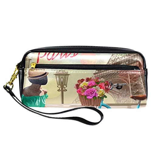 Kleine Make-up-Tasche für Damen,Leder-Bleistifttasche,Kosmetiktasche,Retro-Paris-Mädchen und Fahrrad,Make-up-Tasche, Stifttasche von NigelMu