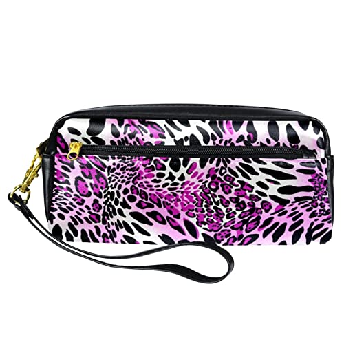 Kleine Make-up-Tasche für Damen,Leder-Bleistifttasche,Kosmetiktasche,Stoffstreifen Leopard,Make-up-Tasche, Stifttasche von NigelMu