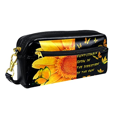 Kleine Make-up-Tasche für Frauen,Leder-Make-up-Tasche,Reise-Kosmetiktasche,Schmetterlings-Sonnenblumen-Motto Drucken von NigelMu