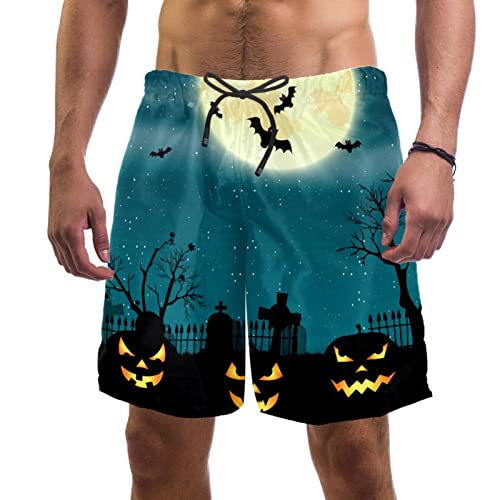 NigelMu Herren Shorts,Herren-Badehose,schnell trocknende Badehose,Mond-Horror-Halloween,Herren Shorts mit Mesh-Futter von NigelMu