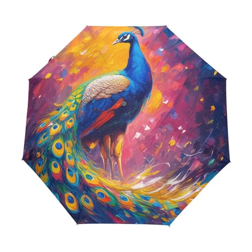 Aquarellmalerei Pfauenvogel Regenschirm Taschenschirm Kinder Jungen Mädchen UV-Schutz Auf-Zu Automatik Umbrella Verstärkt Winddichte Zusammenklappbar von Niigeu