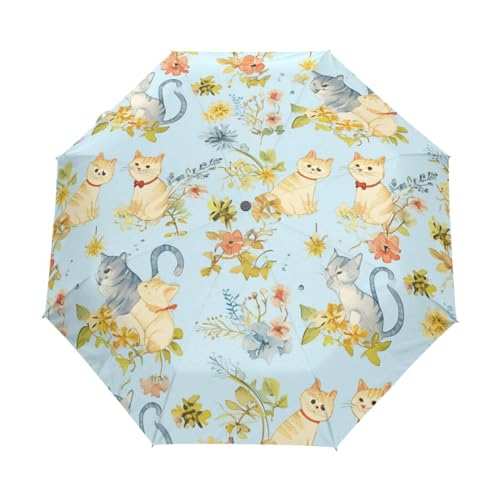 Cartoon Lustige Katzenblume Regenschirm Taschenschirm Kinder Jungen Mädchen UV-Schutz Auf-Zu Automatik Umbrella Verstärkt Winddichte Zusammenklappbar von Niigeu