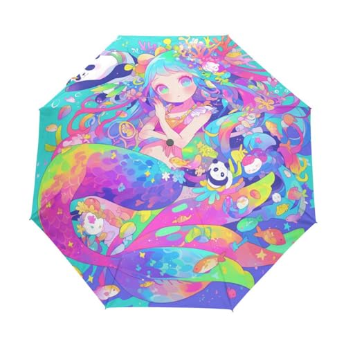 Cartoon Regenbogen Meerjungfrau Dame Regenschirm Taschenschirm Kinder Jungen Mädchen UV-Schutz Auf-Zu Automatik Umbrella Verstärkt Winddichte Zusammenklappbar von Niigeu
