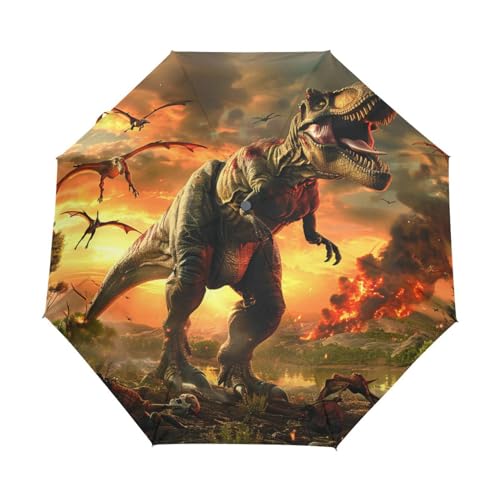 Cartoon Retro Drachen Dinosaurier Regenschirm Taschenschirm Kinder Jungen Mädchen UV-Schutz Auf-Zu Automatik Umbrella Verstärkt Winddichte Zusammenklappbar von Niigeu