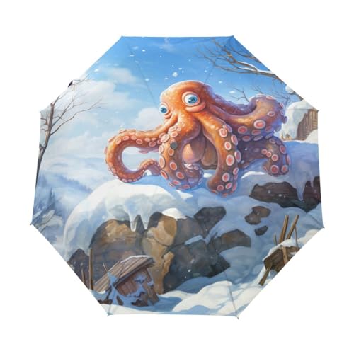 Cartoon Schneebaby Oktopus Regenschirm Taschenschirm Kinder Jungen Mädchen UV-Schutz Auf-Zu Automatik Umbrella Verstärkt Winddichte Zusammenklappbar von Niigeu