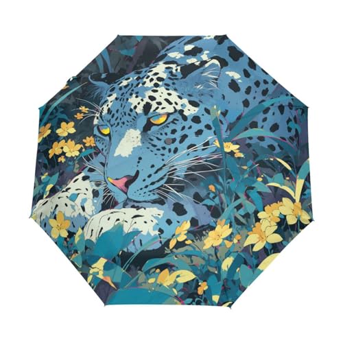 Künstlerische Dschungelleopardenblume Regenschirm Taschenschirm Kinder Jungen Mädchen UV-Schutz Auf-Zu Automatik Umbrella Verstärkt Winddichte Zusammenklappbar von Niigeu