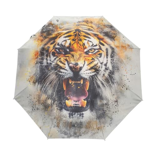 Künstlerischer Aquarelltiertiger Regenschirm Taschenschirm Kinder Jungen Mädchen UV-Schutz Auf-Zu Automatik Umbrella Verstärkt Winddichte Zusammenklappbar von Niigeu