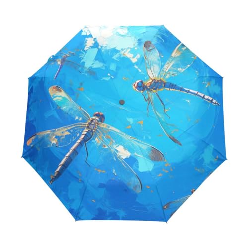 Künstlerisches Aquarell Libellenblau Regenschirm Taschenschirm Kinder Jungen Mädchen UV-Schutz Auf-Zu Automatik Umbrella Verstärkt Winddichte Zusammenklappbar von Niigeu