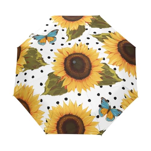 Polka Dots Sonnenblumen Schmetterling Regenschirm Taschenschirm Kinder Jungen Mädchen UV-Schutz Auf-Zu Automatik Umbrella Verstärkt Winddichte Zusammenklappbar von Niigeu
