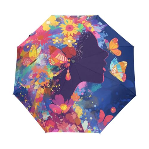 Regenbogenblumenschmetterling Afrikanische Dame Regenschirm Taschenschirm Kinder Jungen Mädchen UV-Schutz Auf-Zu Automatik Umbrella Verstärkt Winddichte Zusammenklappbar von Niigeu
